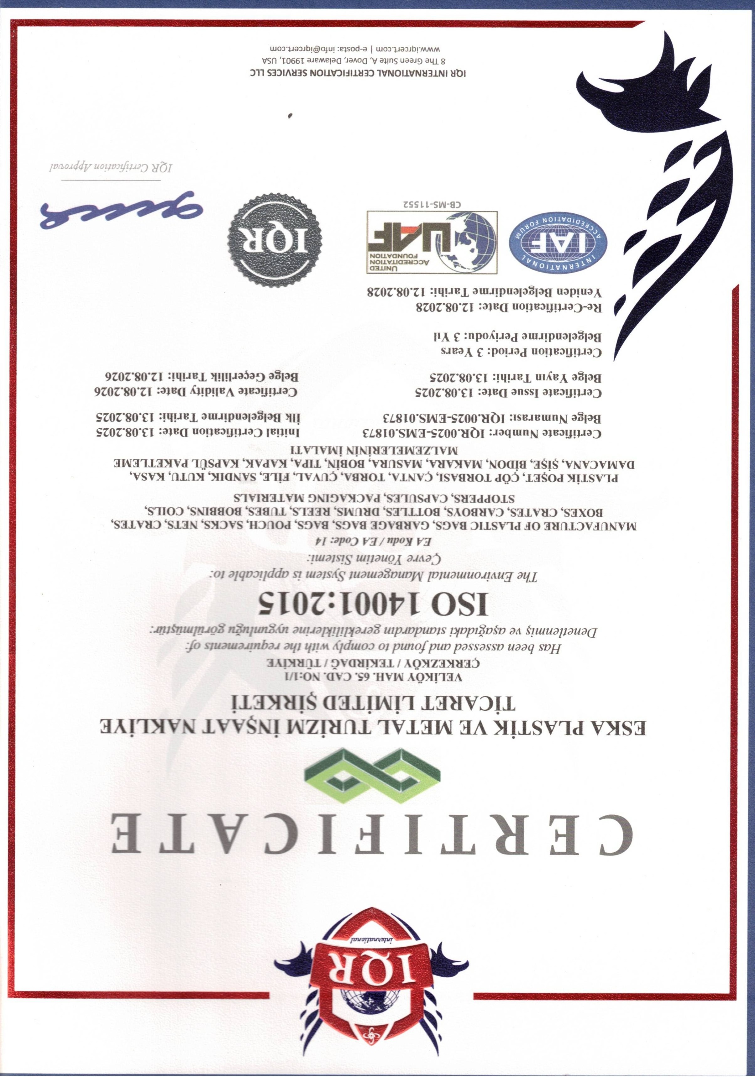 ISO 14001:2015 Belgesi